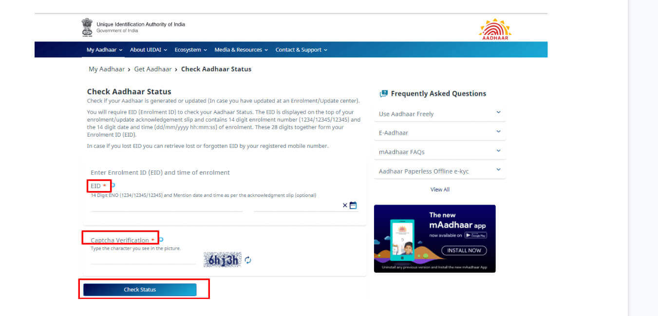 Check Aadhaar Card status - loanbaba